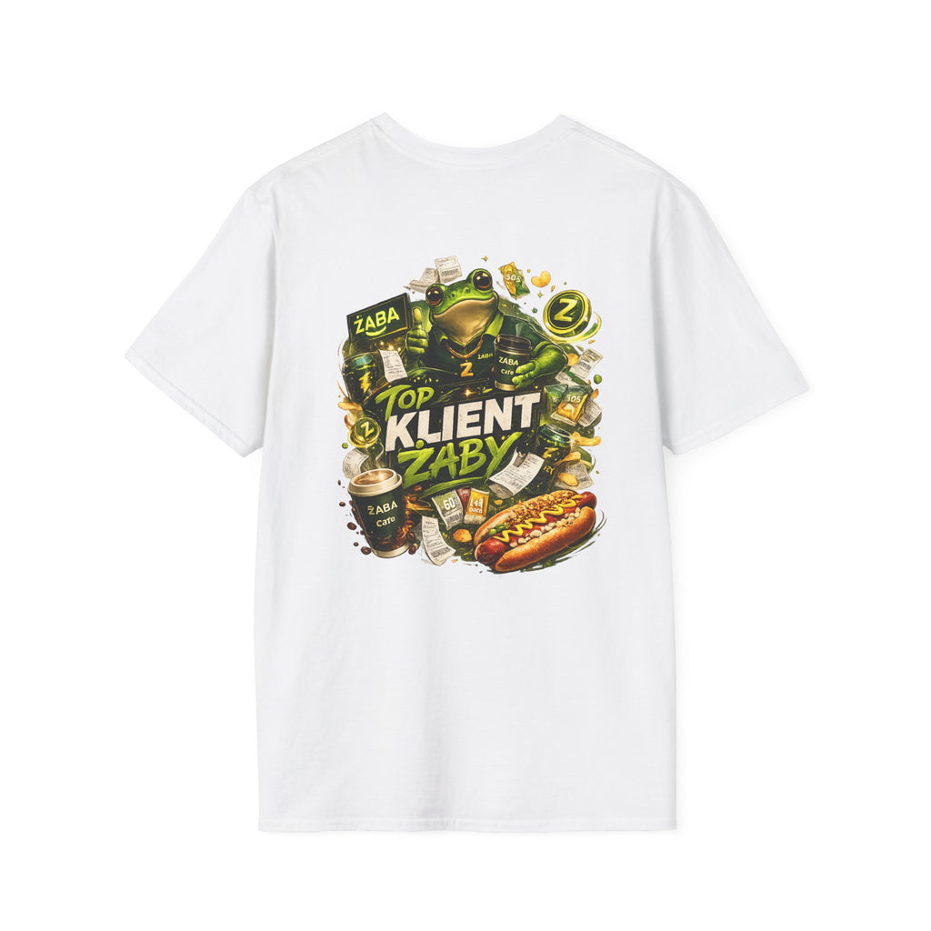 T-Shirt — 'Top Klient Żaby' Graphic Frog Design (Polish Snack & Coffee Theme)