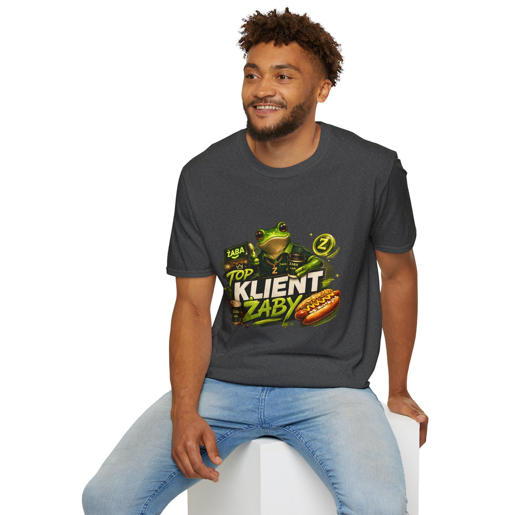 T-Shirt — 'Top Klient Żaby' Graphic Frog Design (Polish Snack & Coffee Theme)