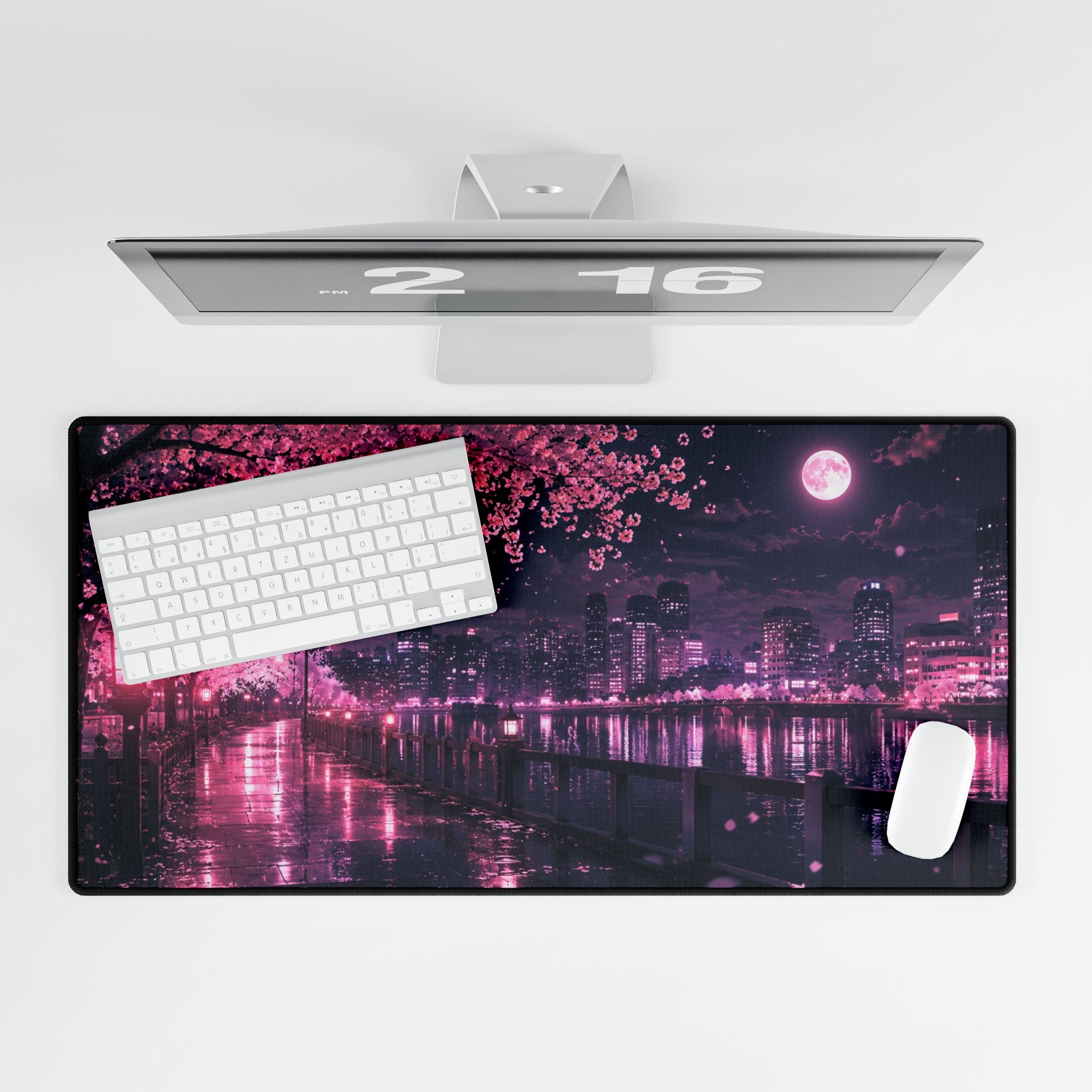 Cherry Blossom Night Desk Mat — Pink Sakura Cityscape Mouse Pad