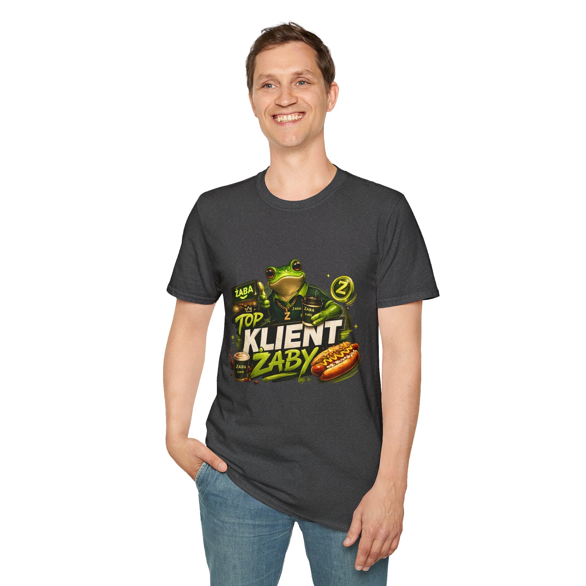T-Shirt — 'Top Klient Żaby' Graphic Frog Design (Polish Snack & Coffee Theme)