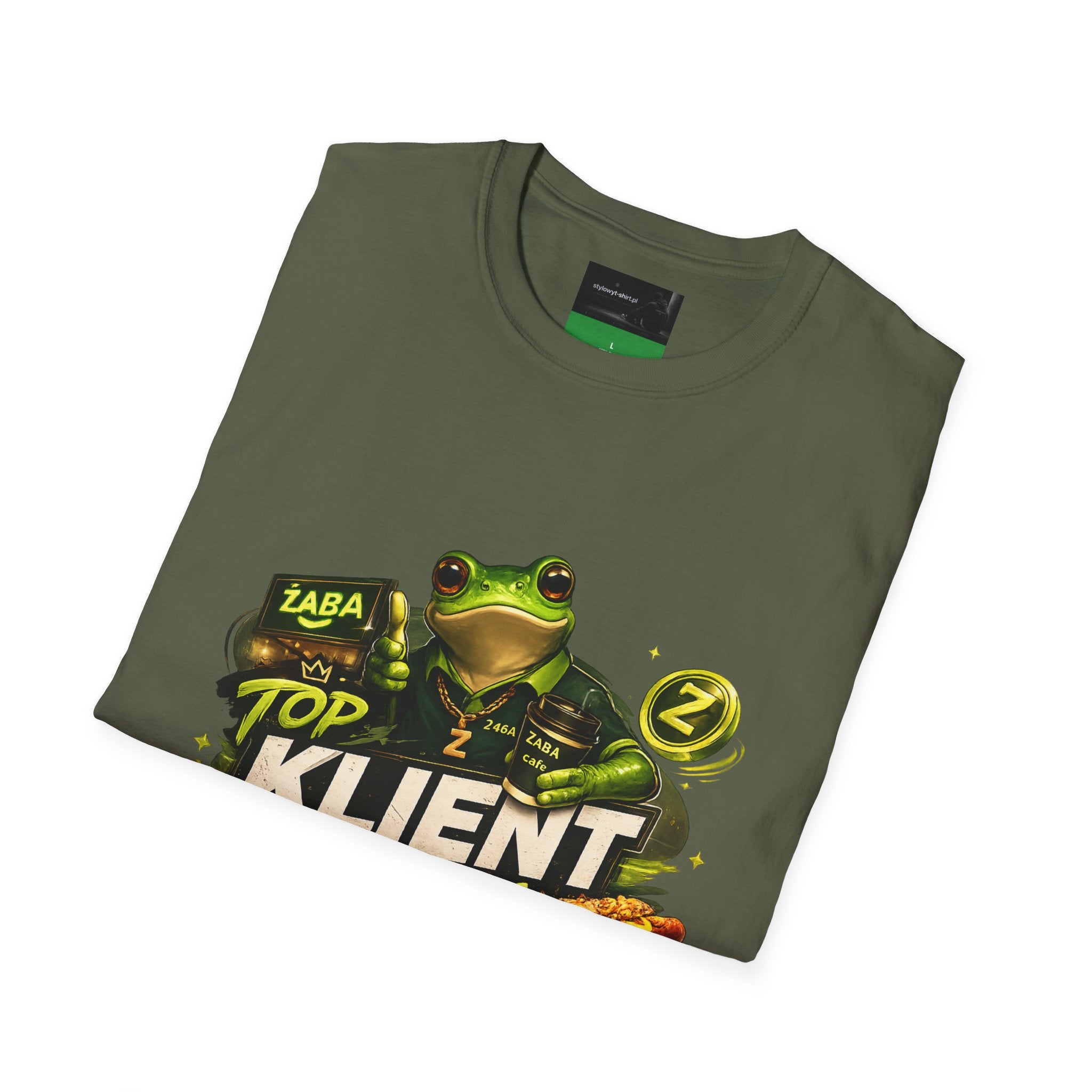 T-Shirt — 'Top Klient Żaby' Graphic Frog Design (Polish Snack & Coffee Theme)