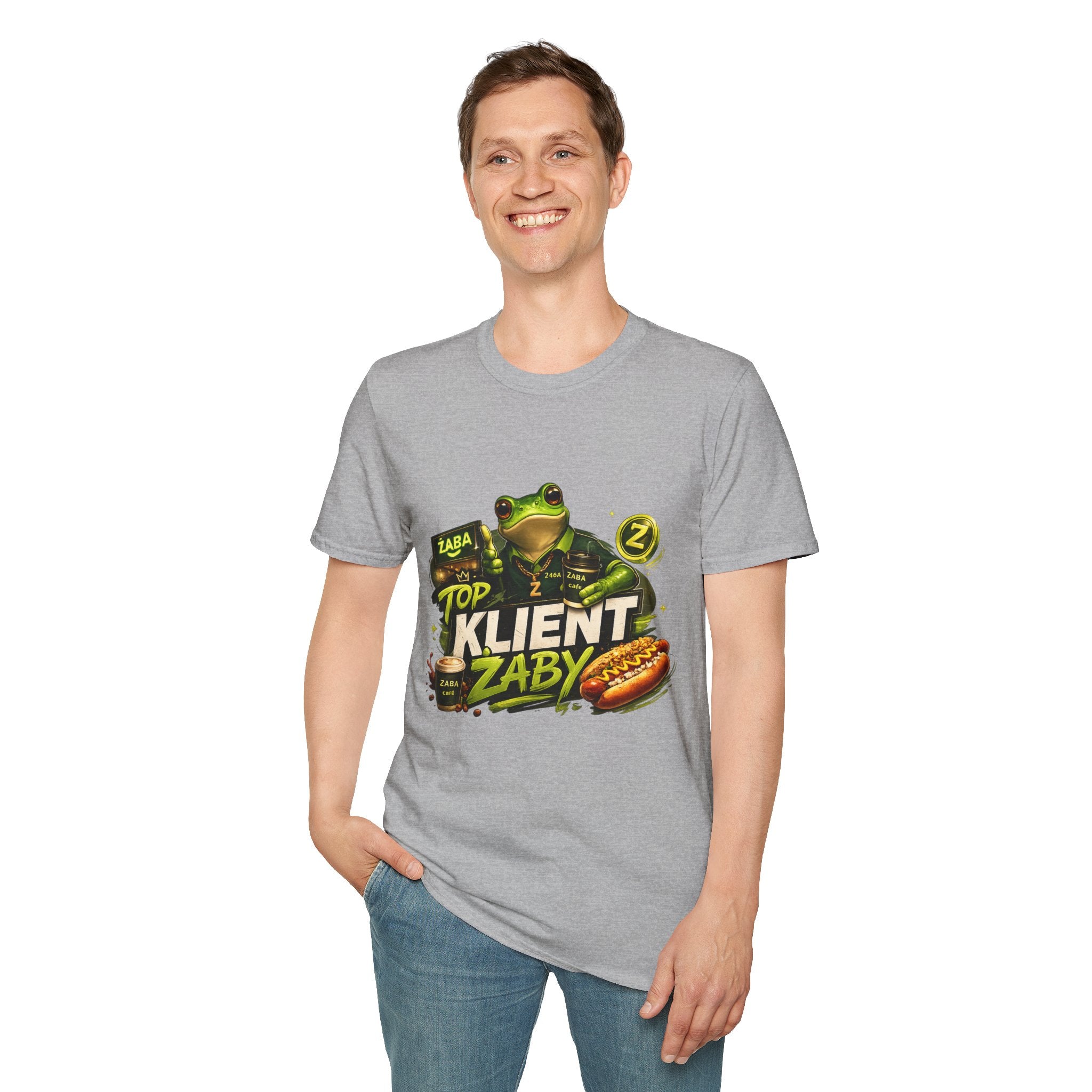 T-Shirt — 'Top Klient Żaby' Graphic Frog Design (Polish Snack & Coffee Theme)