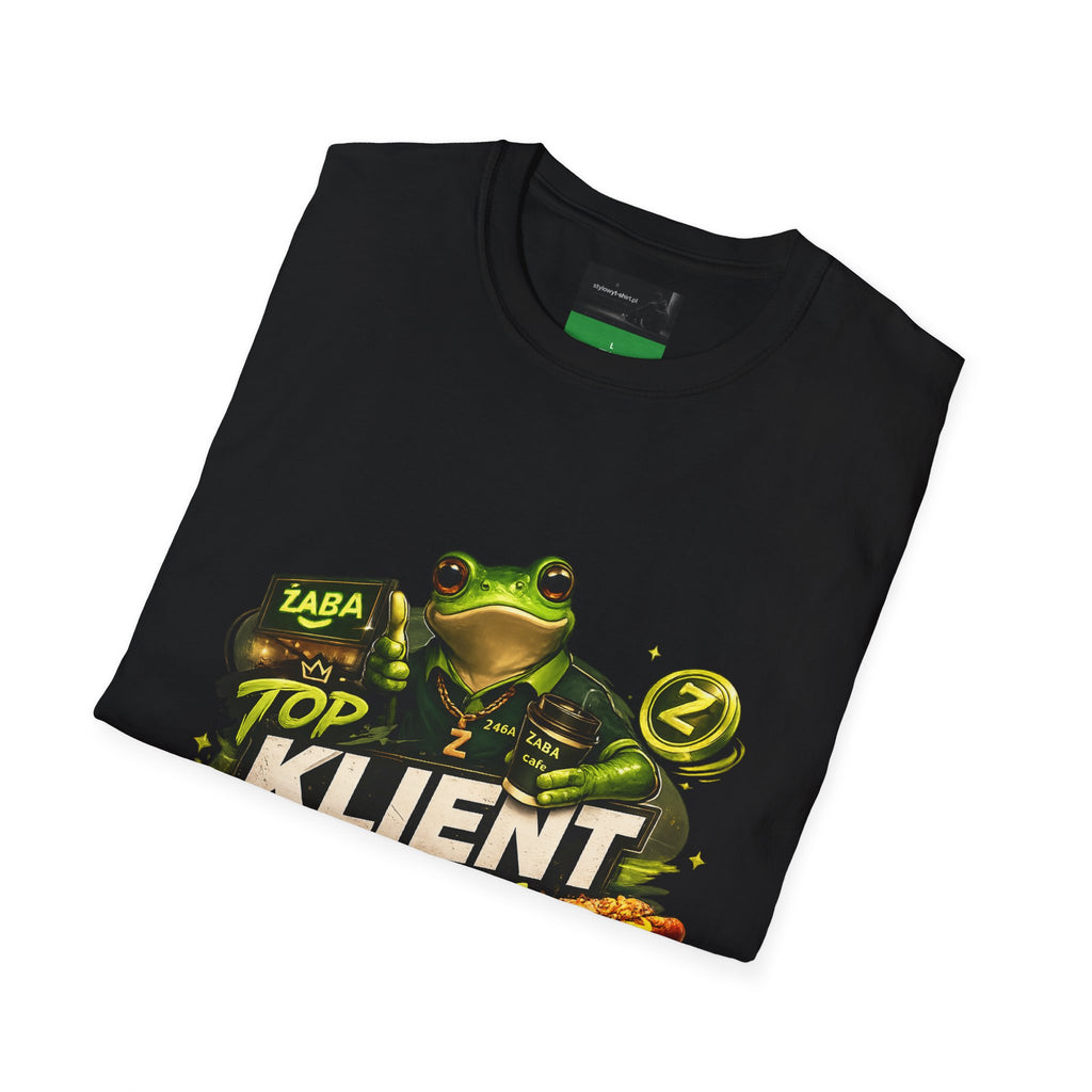 T-Shirt — 'Top Klient Żaby' Graphic Frog Design (Polish Snack & Coffee Theme)