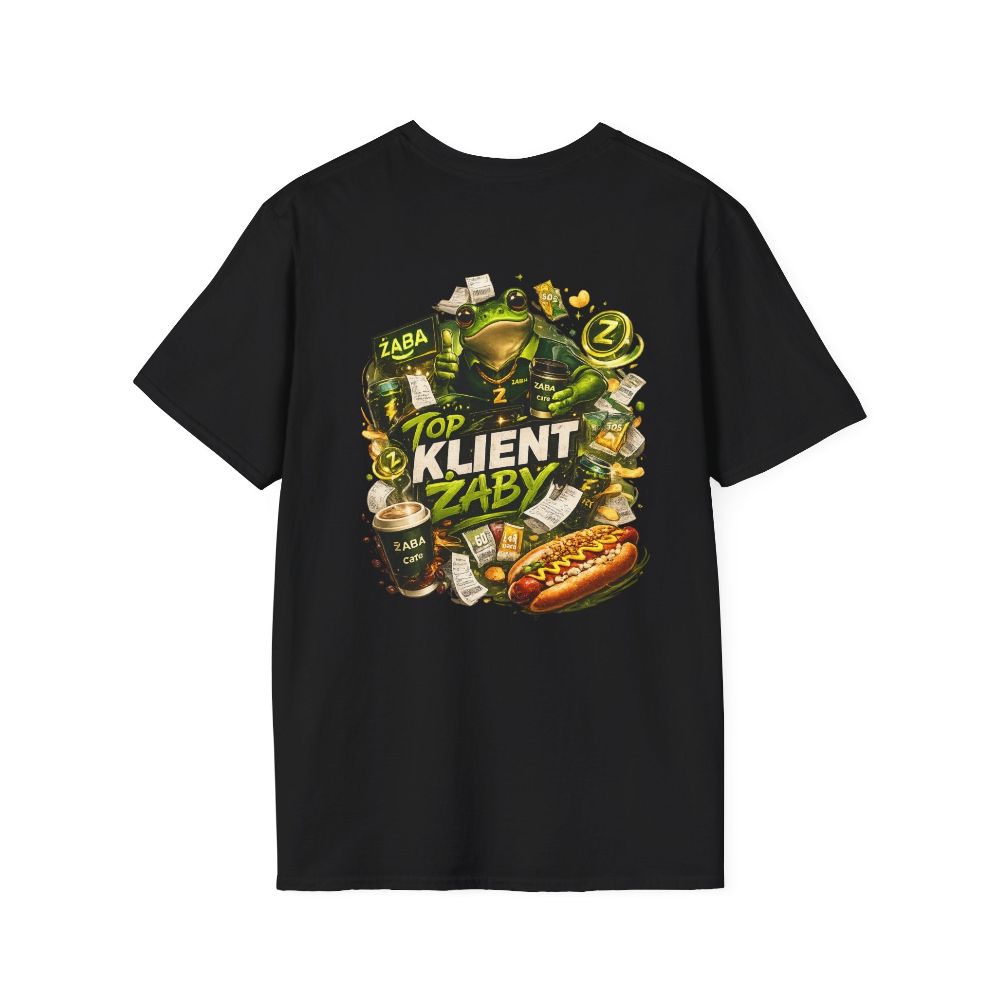 T-Shirt — 'Top Klient Żaby' Graphic Frog Design (Polish Snack & Coffee Theme)