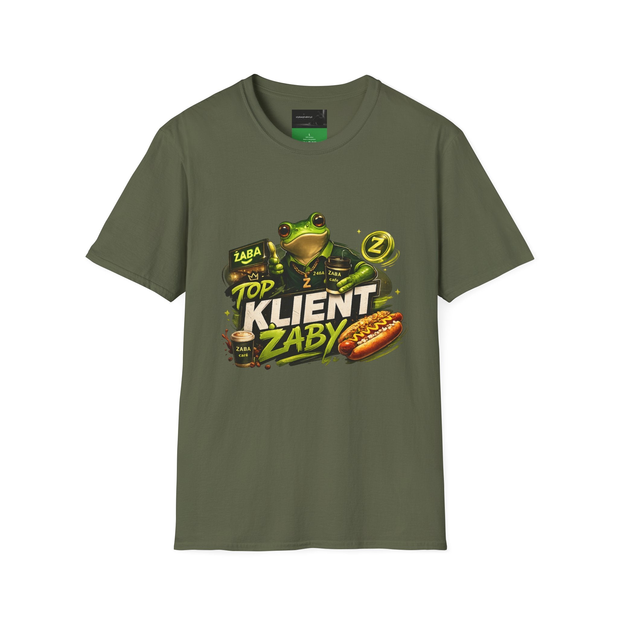 T-Shirt — 'Top Klient Żaby' Graphic Frog Design (Polish Snack & Coffee Theme)