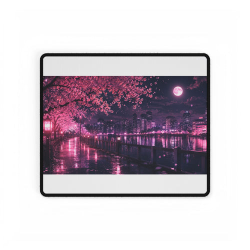 Cherry Blossom Night Desk Mat — Pink Sakura Cityscape Mouse Pad
