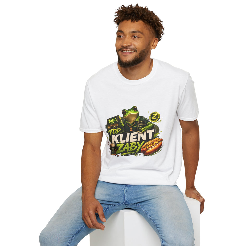 T-Shirt — 'Top Klient Żaby' Graphic Frog Design (Polish Snack & Coffee Theme)