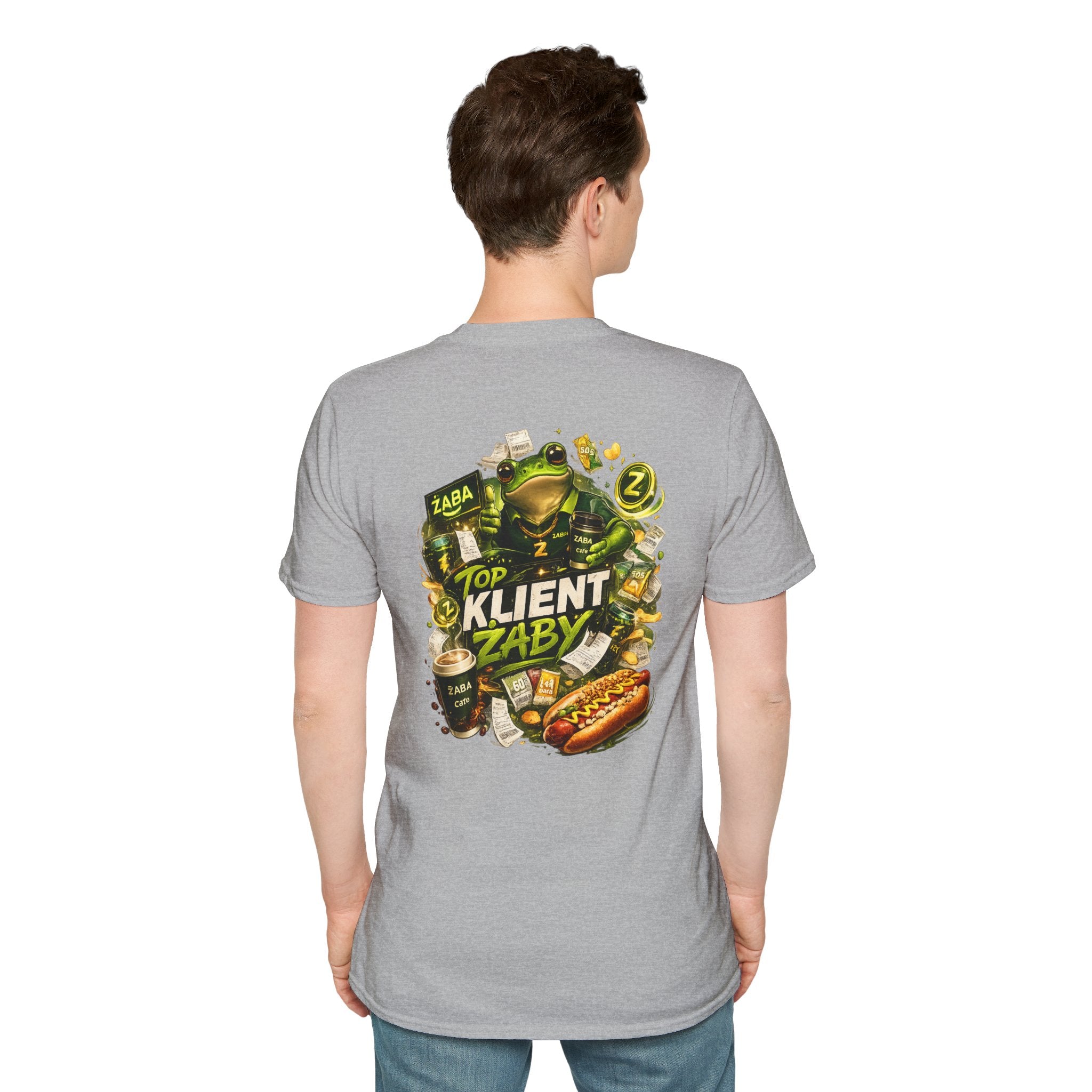 T-Shirt — 'Top Klient Żaby' Graphic Frog Design (Polish Snack & Coffee Theme)