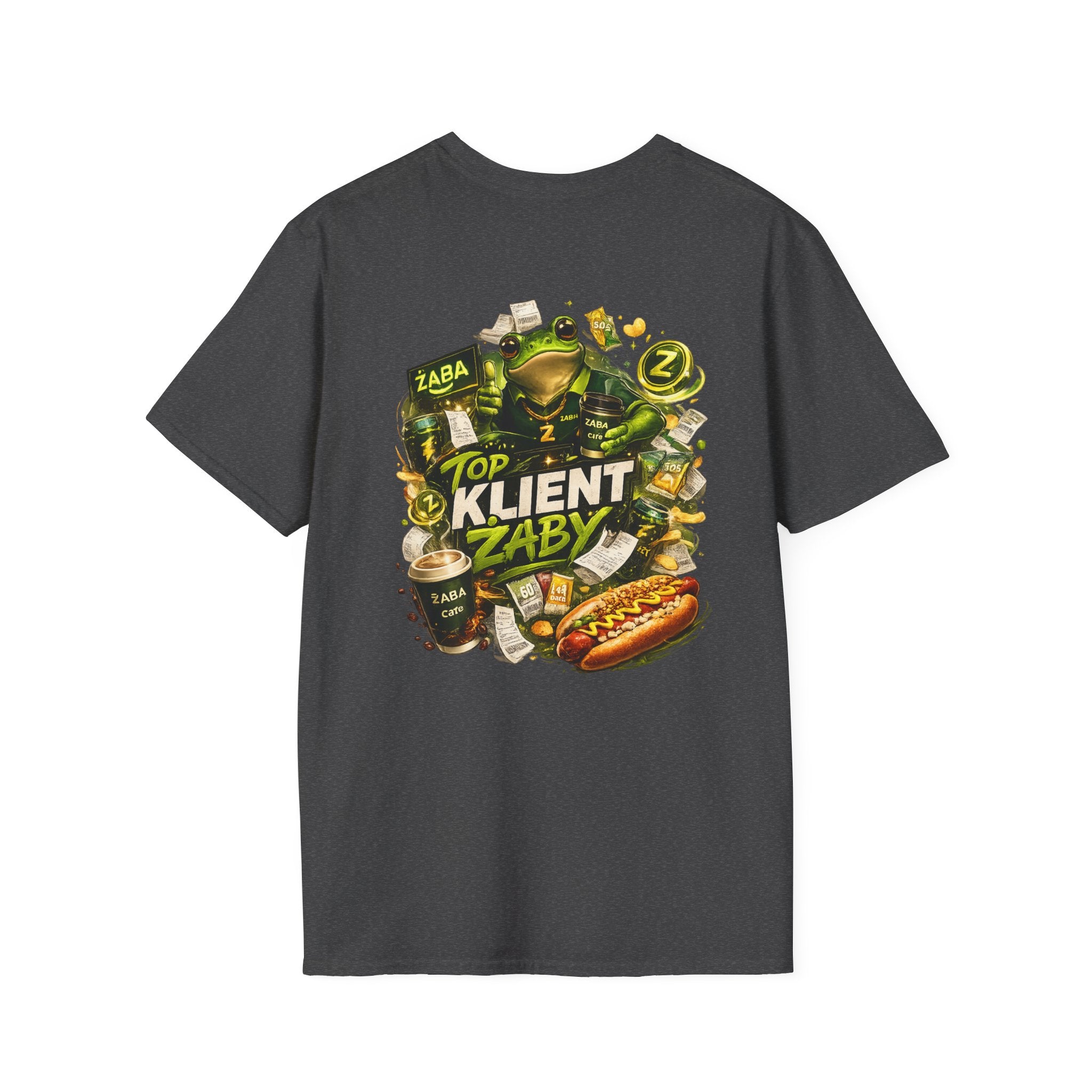 T-Shirt — 'Top Klient Żaby' Graphic Frog Design (Polish Snack & Coffee Theme)