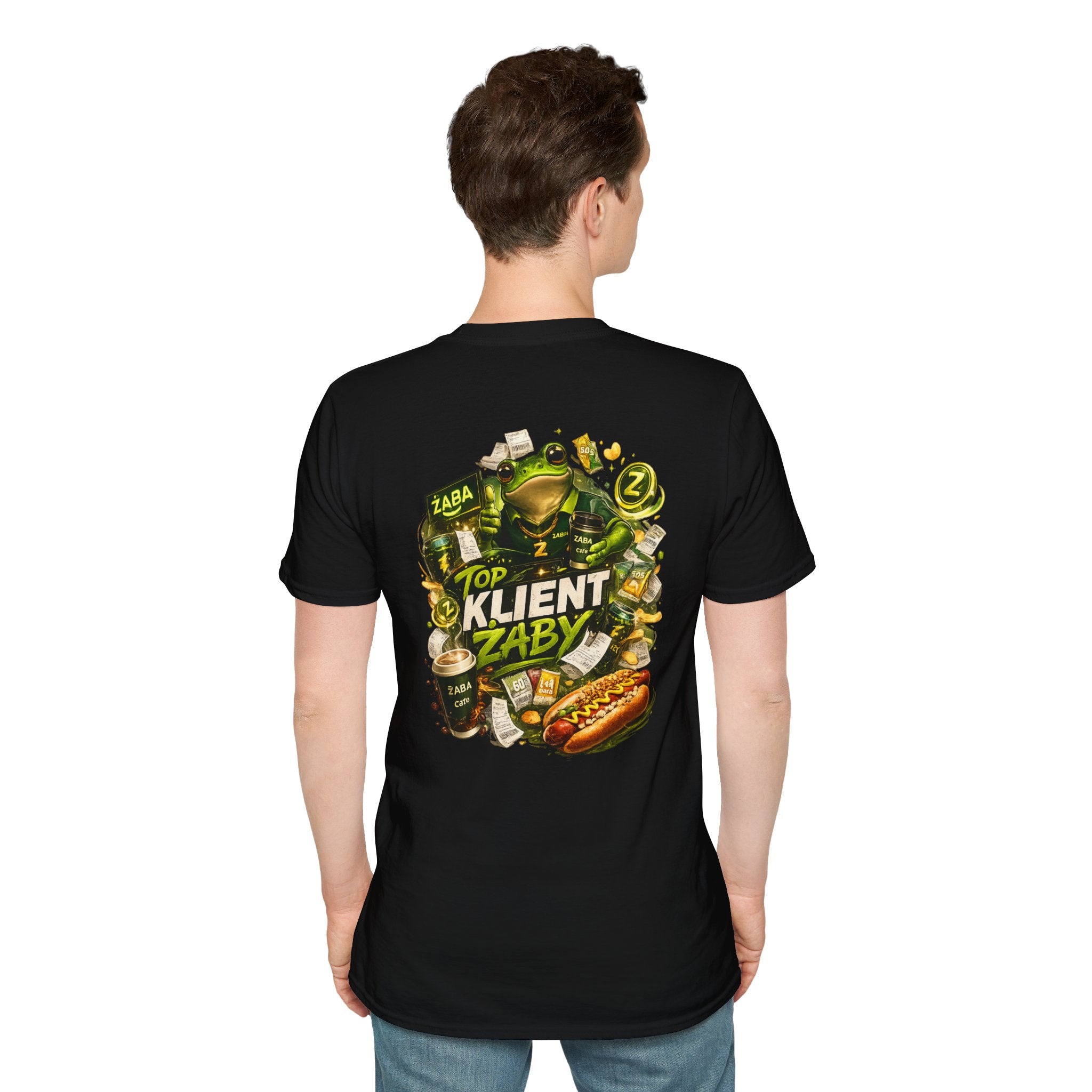 T-Shirt — 'Top Klient Żaby' Graphic Frog Design (Polish Snack & Coffee Theme)