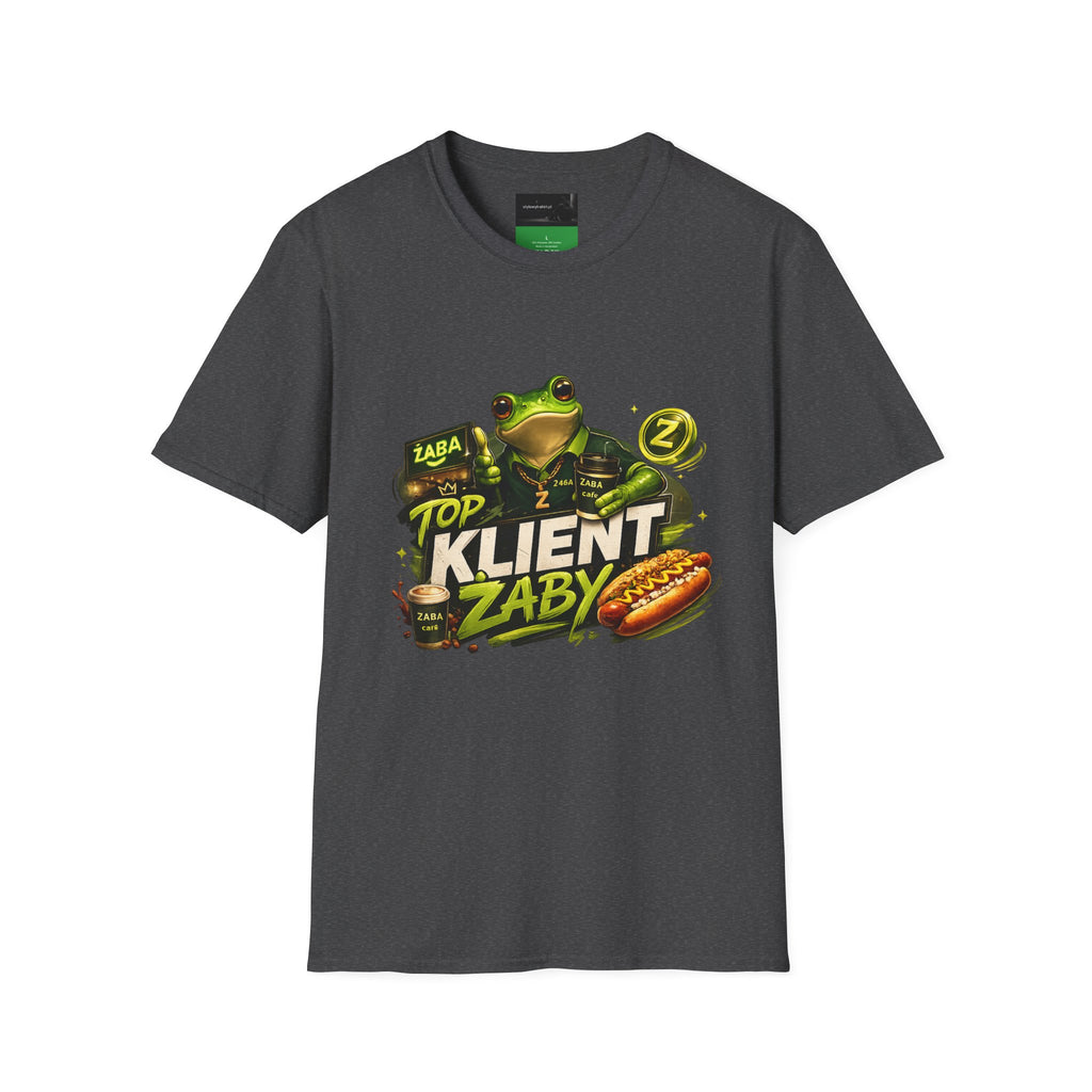 T-Shirt — 'Top Klient Żaby' Graphic Frog Design (Polish Snack & Coffee Theme)
