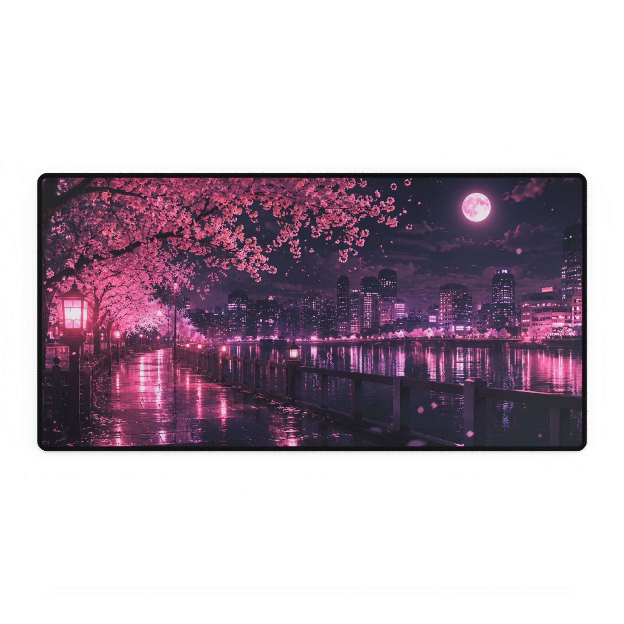 Cherry Blossom Night Desk Mat — Pink Sakura Cityscape Mouse Pad