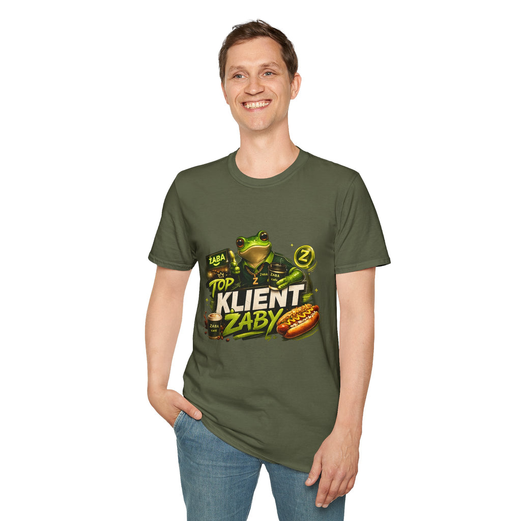 T-Shirt — 'Top Klient Żaby' Graphic Frog Design (Polish Snack & Coffee Theme)
