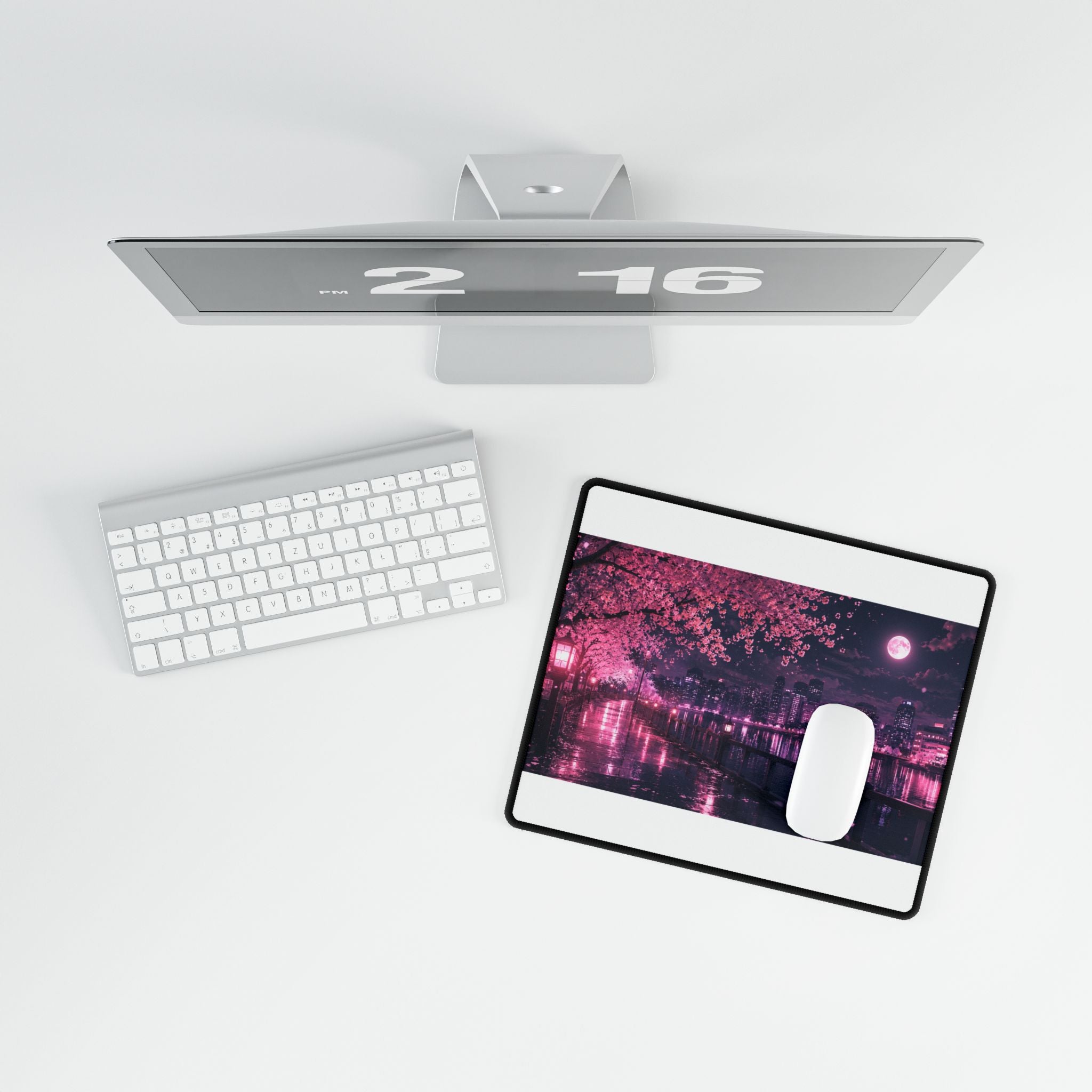 Cherry Blossom Night Desk Mat — Pink Sakura Cityscape Mouse Pad