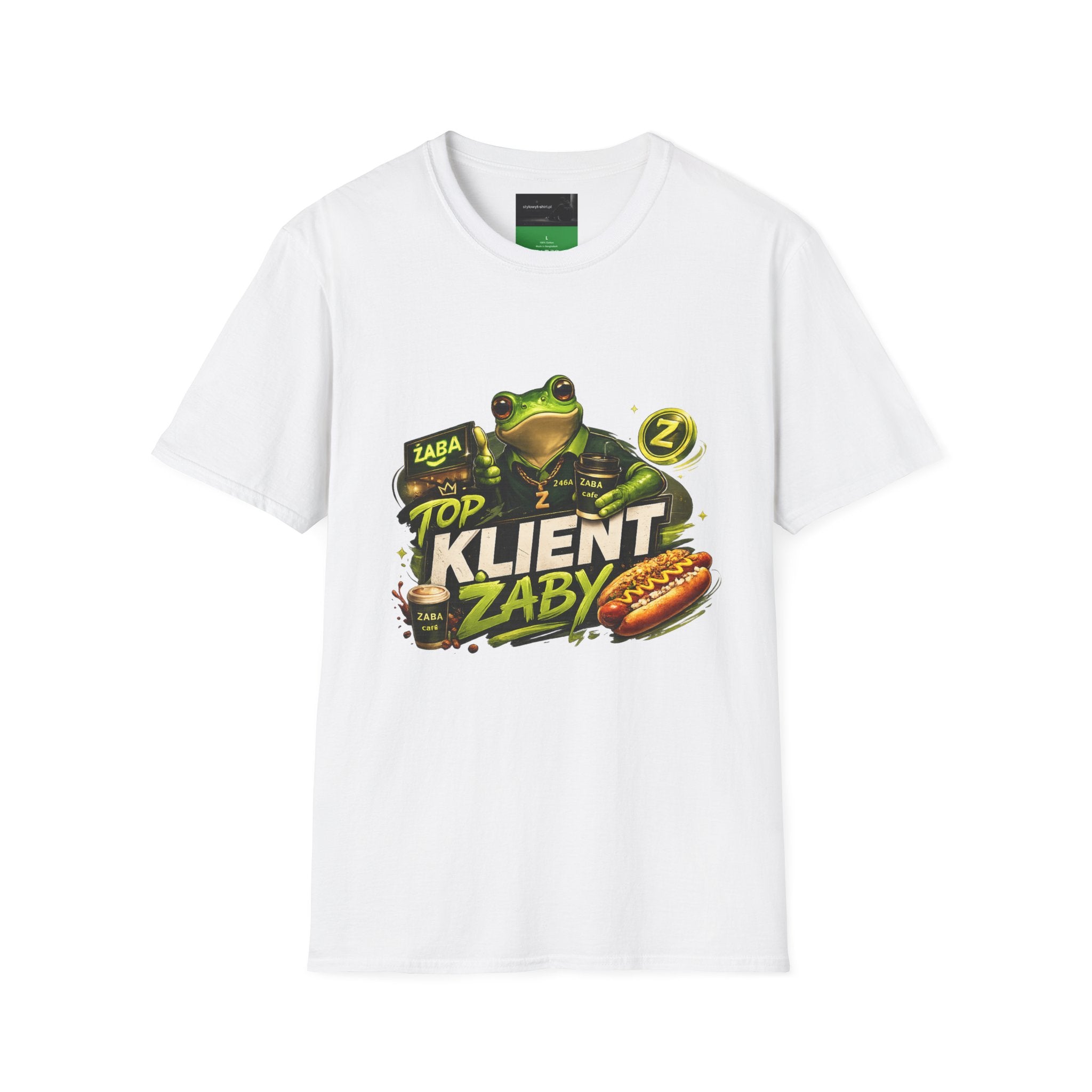 T-Shirt — 'Top Klient Żaby' Graphic Frog Design (Polish Snack & Coffee Theme)