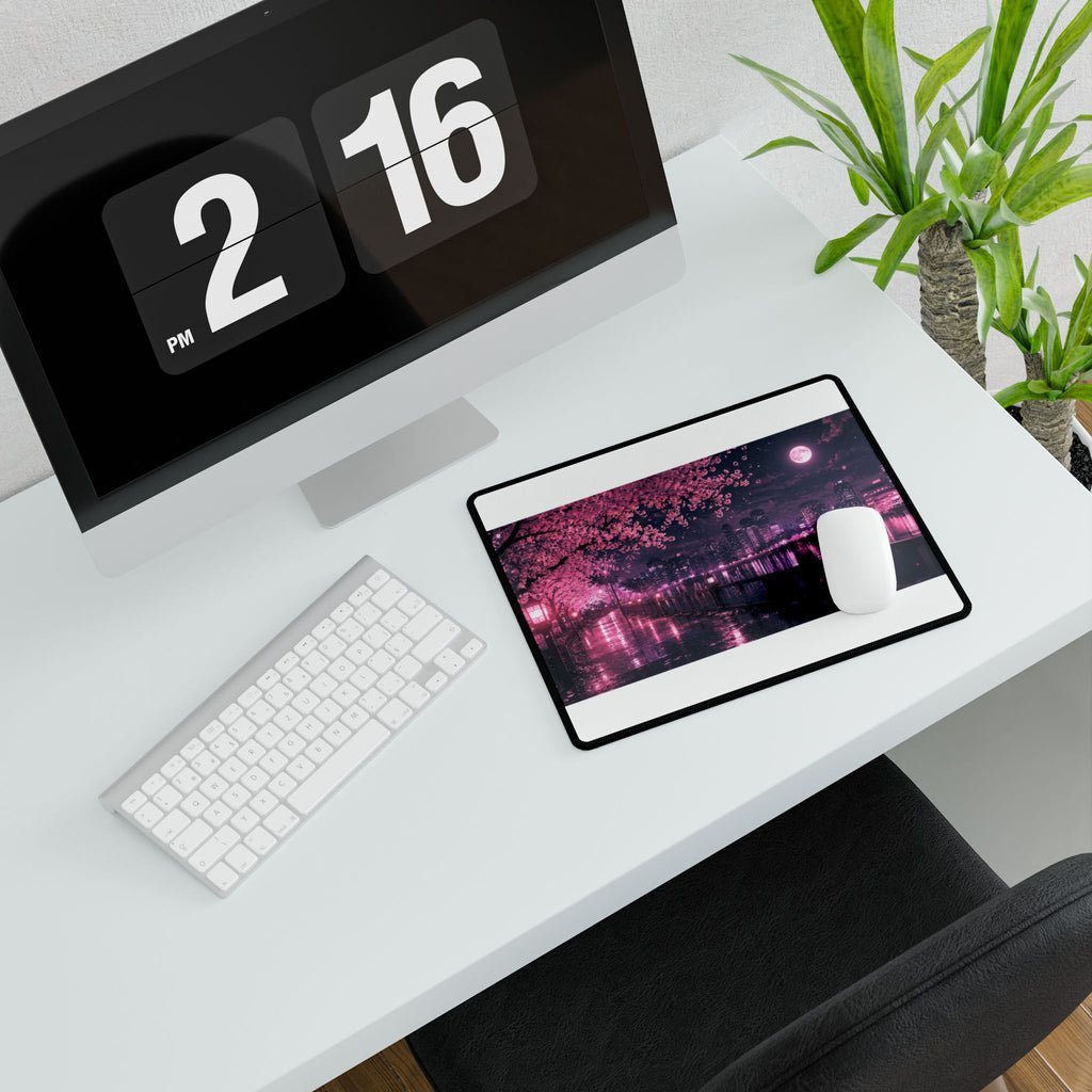 Cherry Blossom Night Desk Mat — Pink Sakura Cityscape Mouse Pad