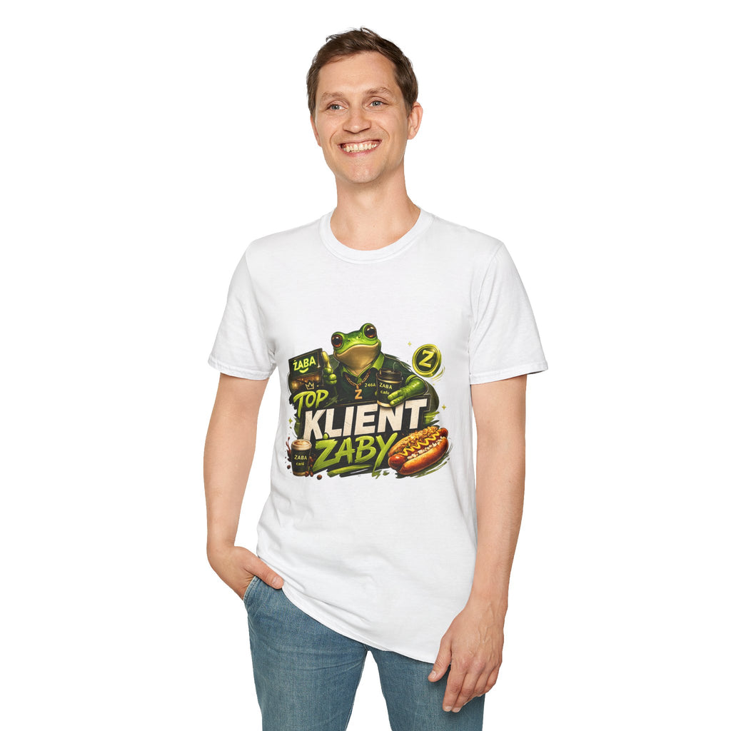 T-Shirt — 'Top Klient Żaby' Graphic Frog Design (Polish Snack & Coffee Theme)