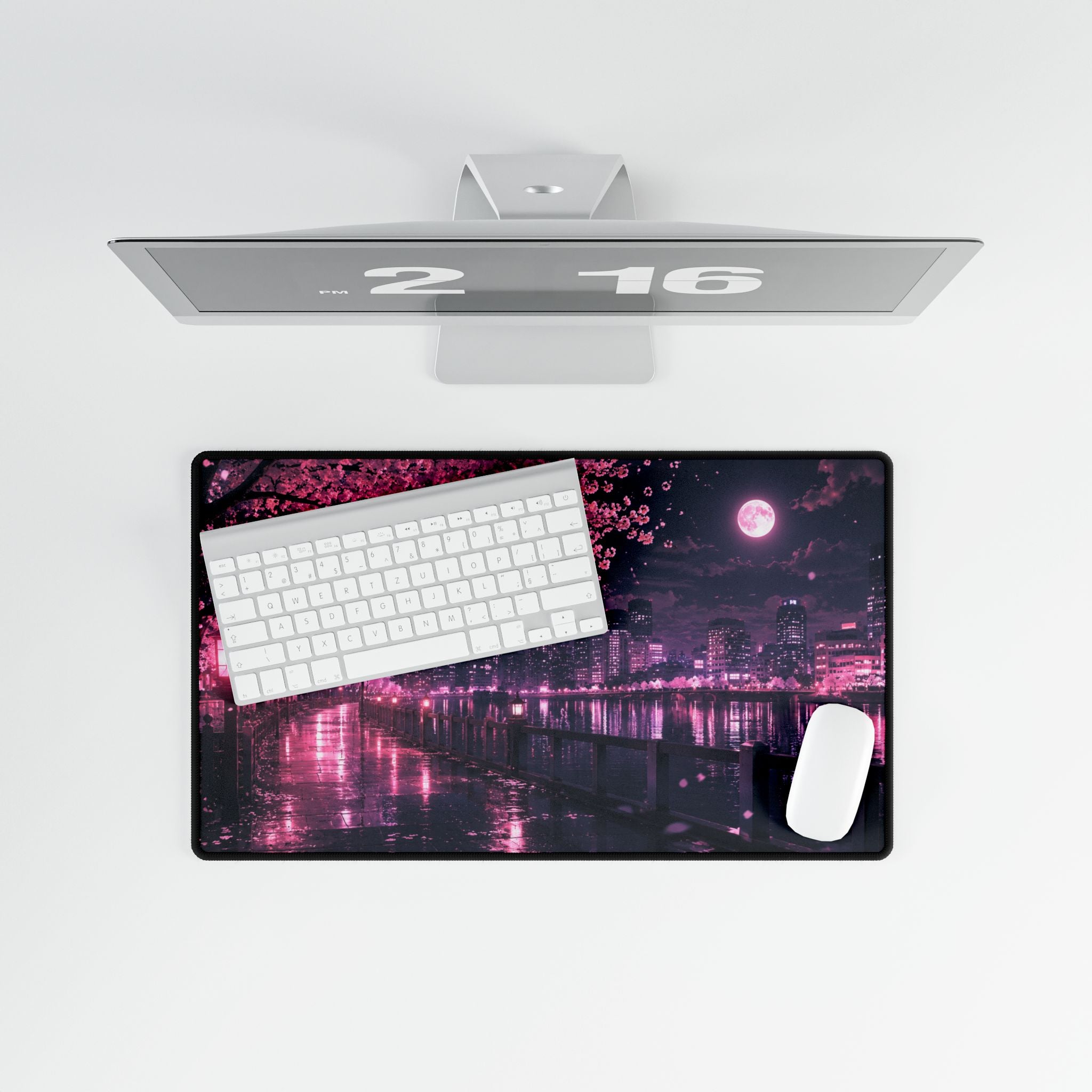 Cherry Blossom Night Desk Mat — Pink Sakura Cityscape Mouse Pad