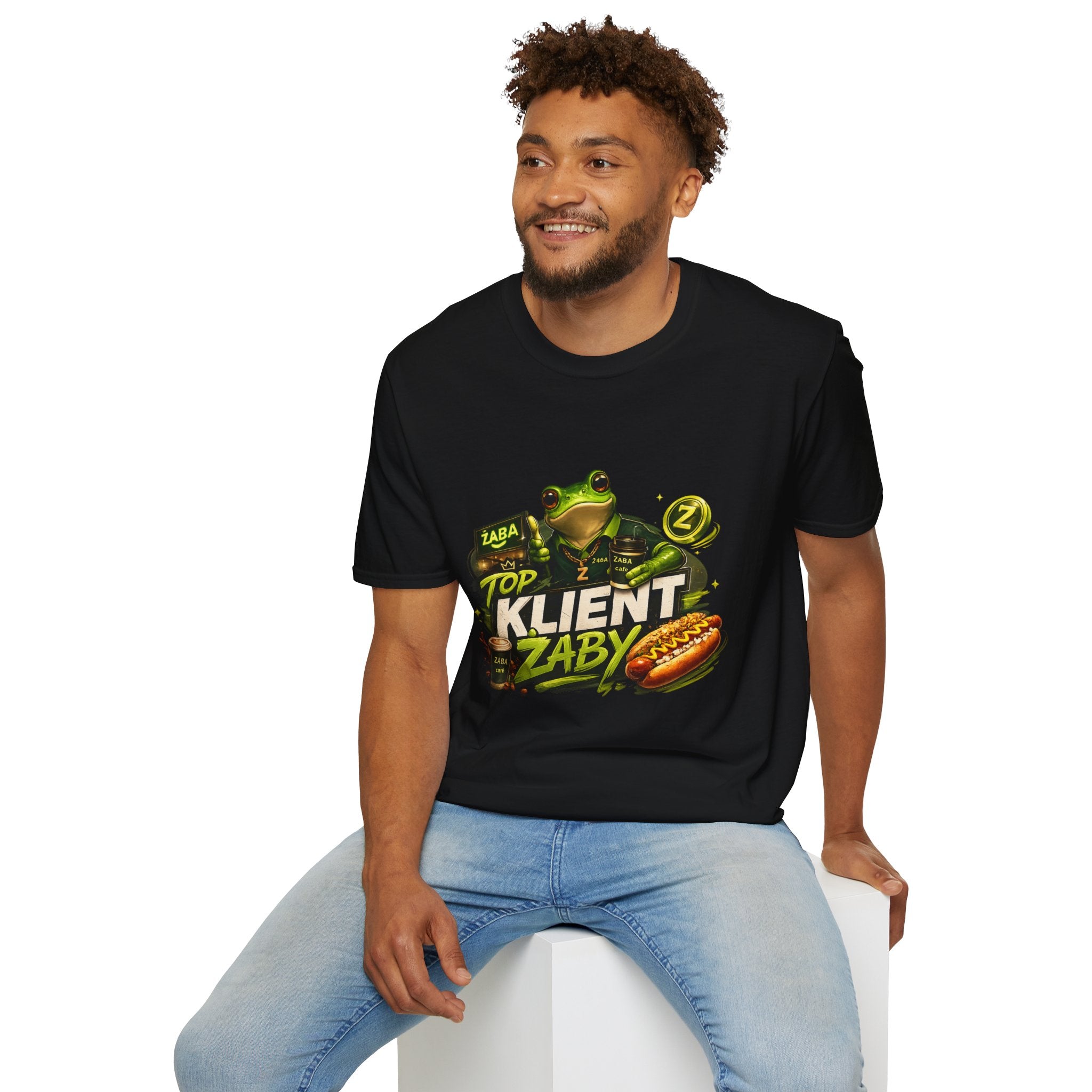 T-Shirt — 'Top Klient Żaby' Graphic Frog Design (Polish Snack & Coffee Theme)