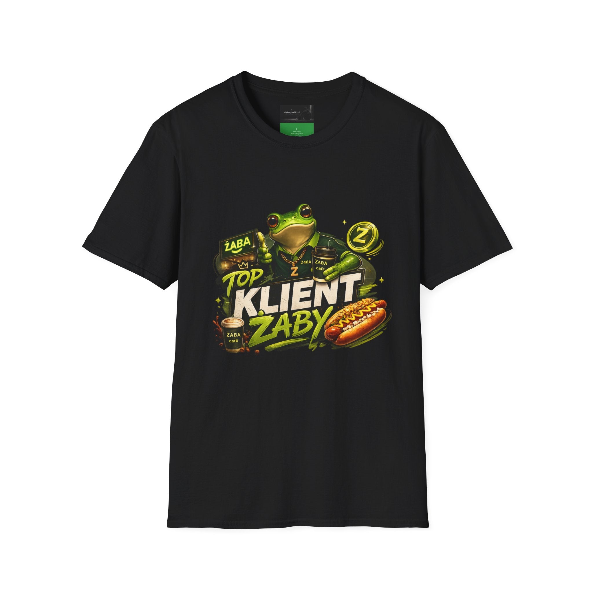 T-Shirt — 'Top Klient Żaby' Graphic Frog Design (Polish Snack & Coffee Theme)
