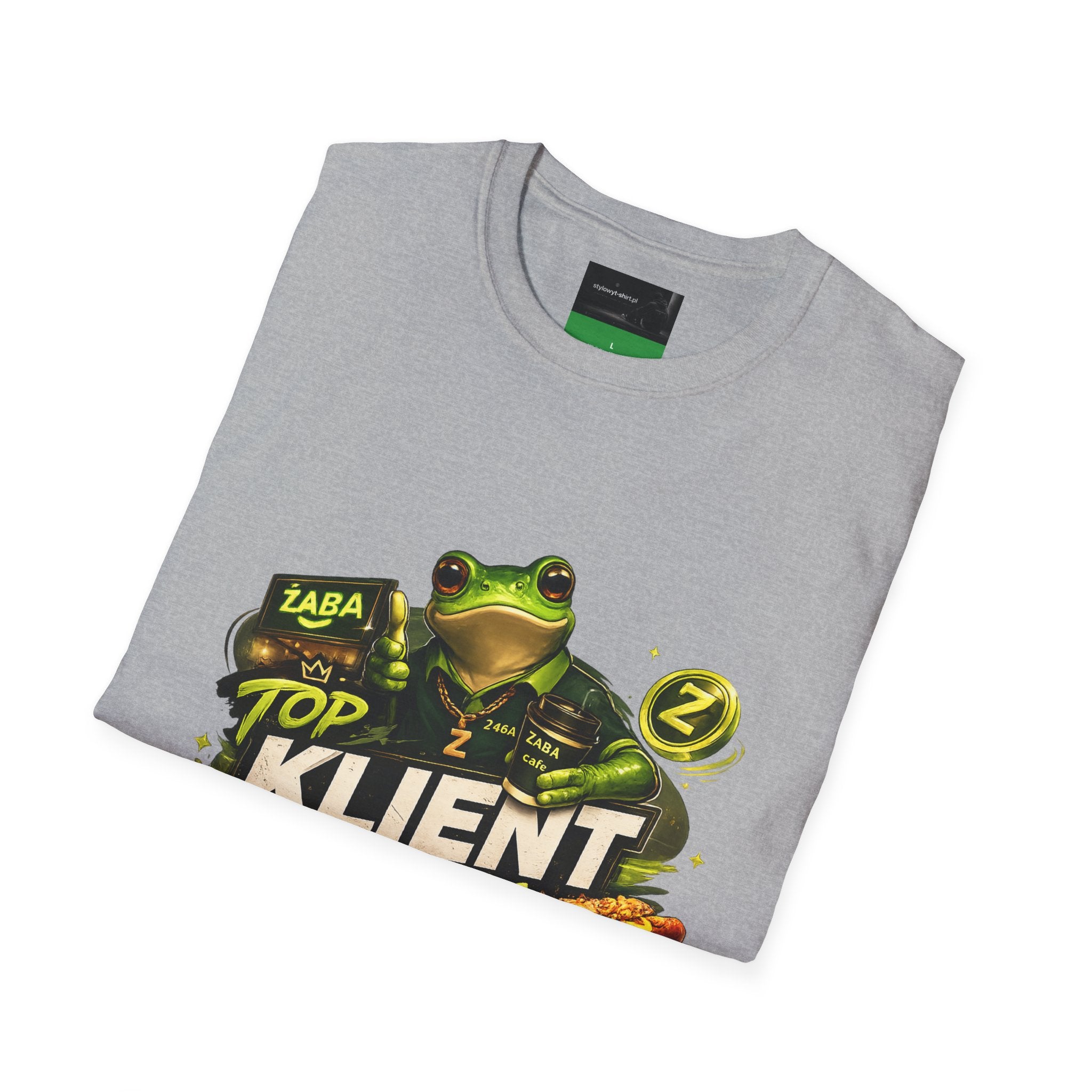 T-Shirt — 'Top Klient Żaby' Graphic Frog Design (Polish Snack & Coffee Theme)