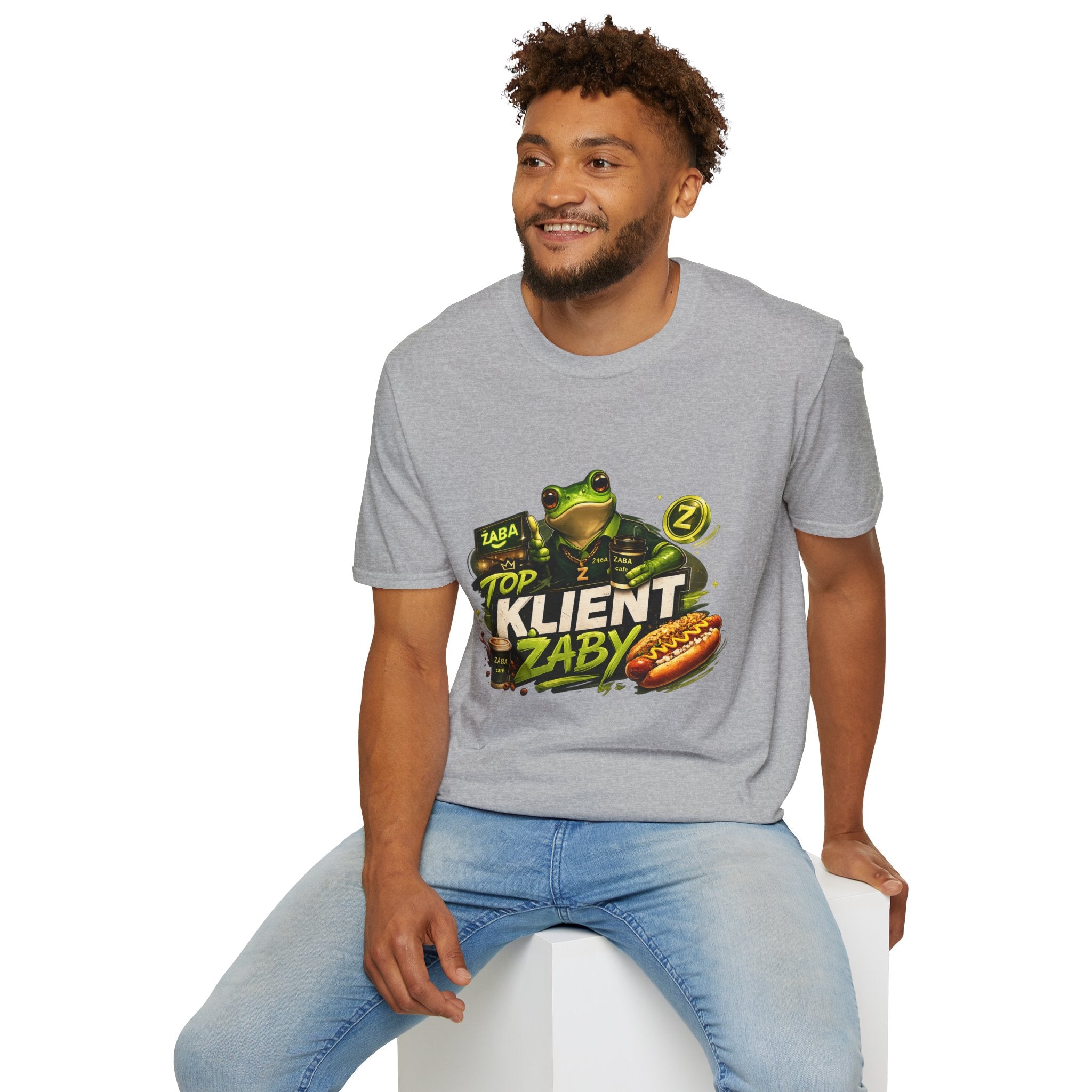 T-Shirt — 'Top Klient Żaby' Graphic Frog Design (Polish Snack & Coffee Theme)