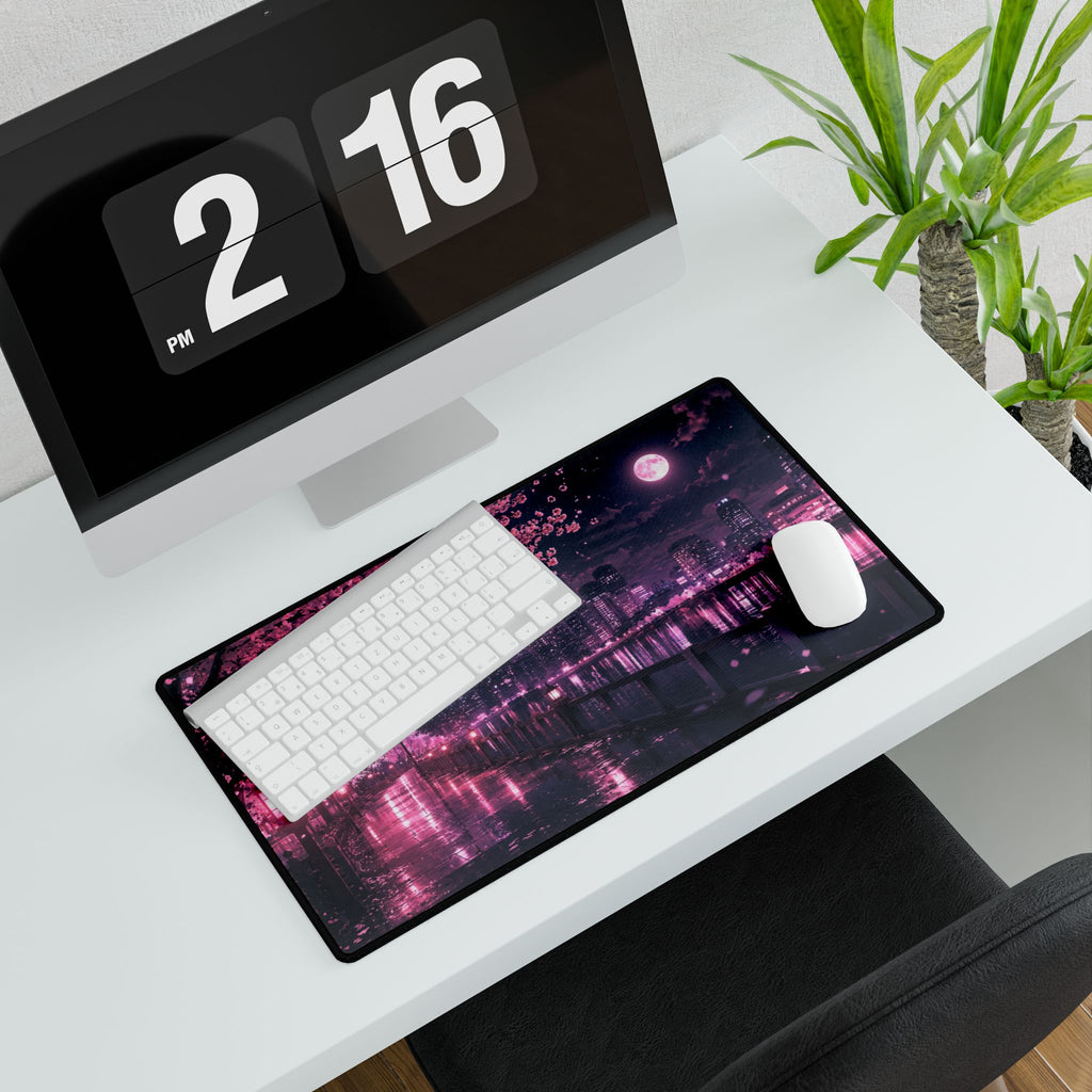 Cherry Blossom Night Desk Mat — Pink Sakura Cityscape Mouse Pad