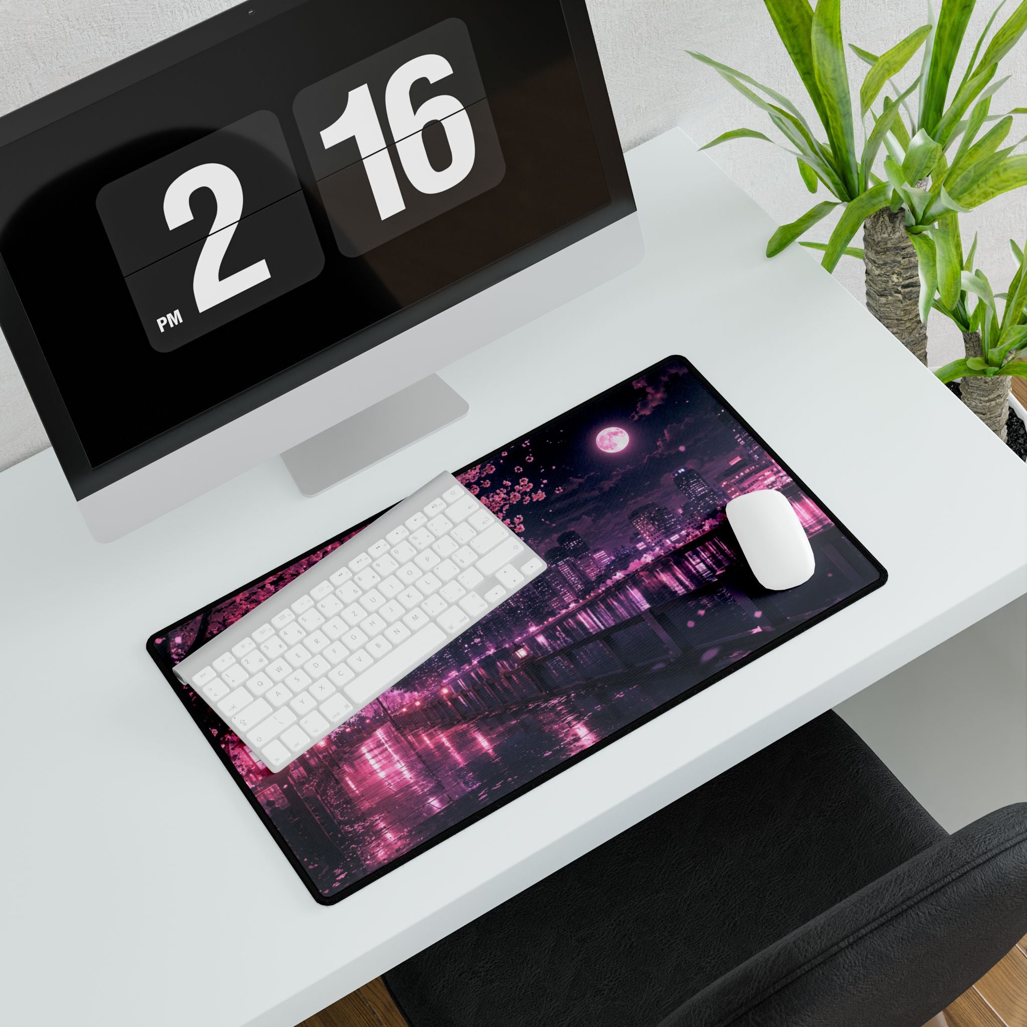 Cherry Blossom Night Desk Mat — Pink Sakura Cityscape Mouse Pad