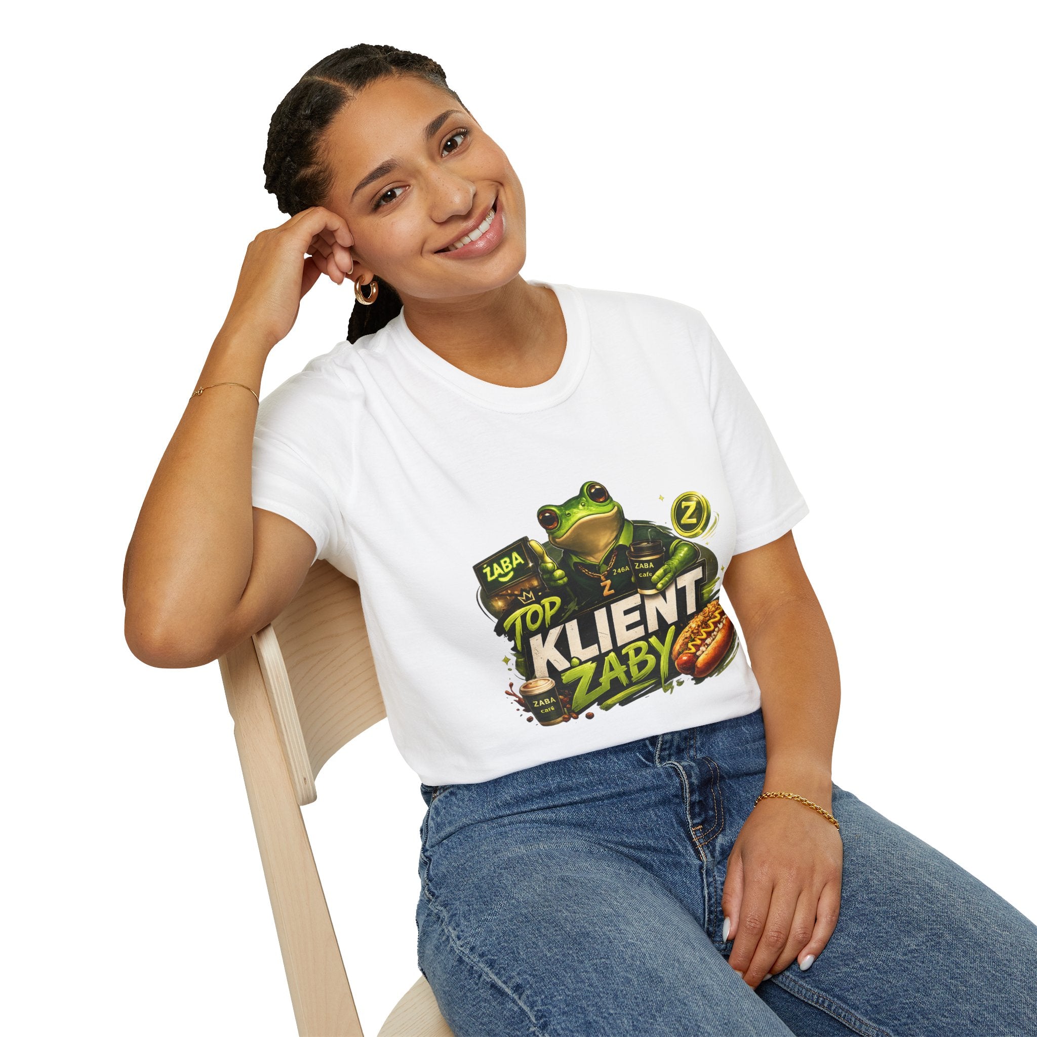 T-Shirt — 'Top Klient Żaby' Graphic Frog Design (Polish Snack & Coffee Theme)