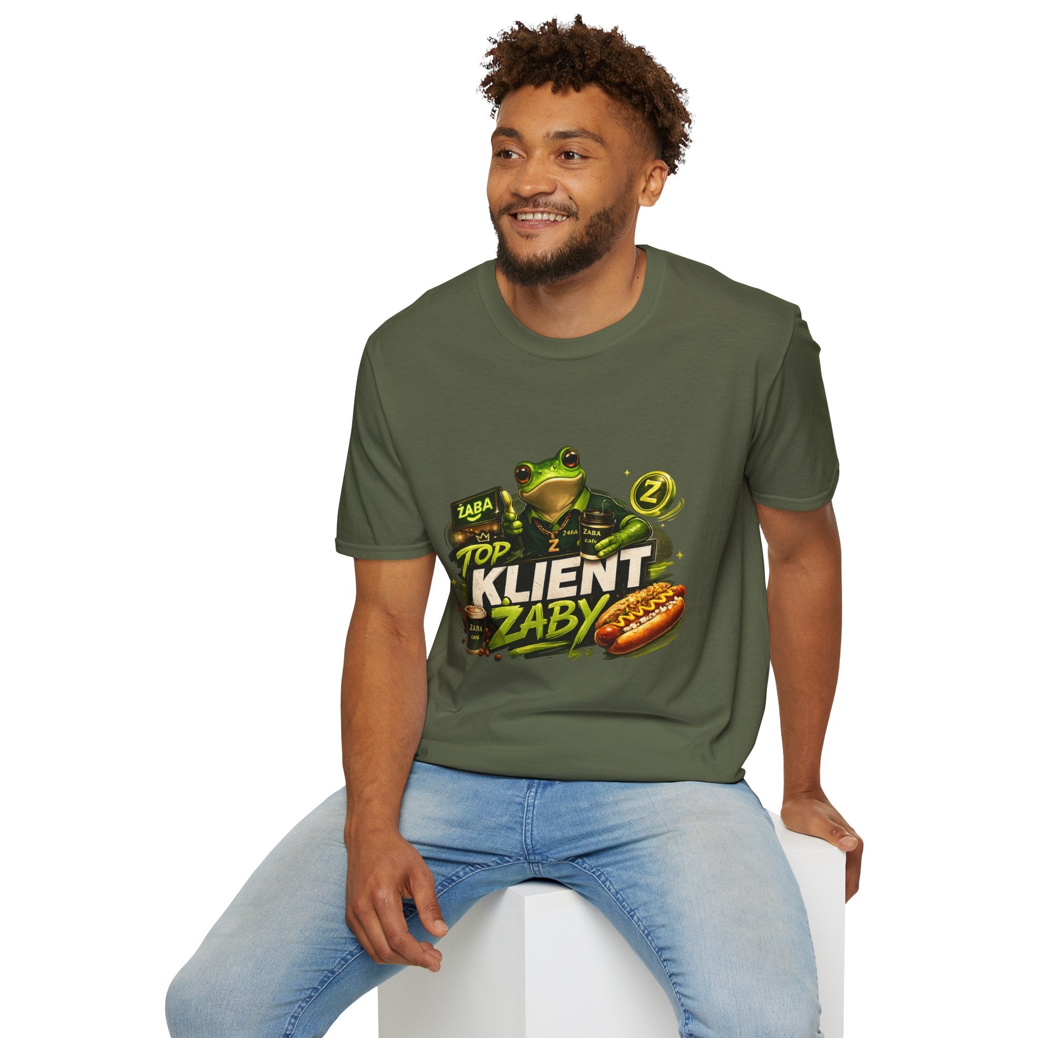 T-Shirt — 'Top Klient Żaby' Graphic Frog Design (Polish Snack & Coffee Theme)