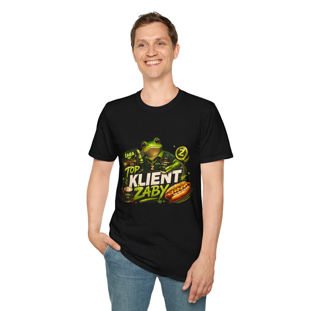 T-Shirt — 'Top Klient Żaby' Graphic Frog Design (Polish Snack & Coffee Theme)