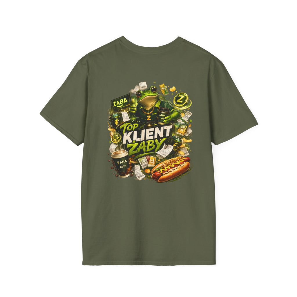 T-Shirt — 'Top Klient Żaby' Graphic Frog Design (Polish Snack & Coffee Theme)