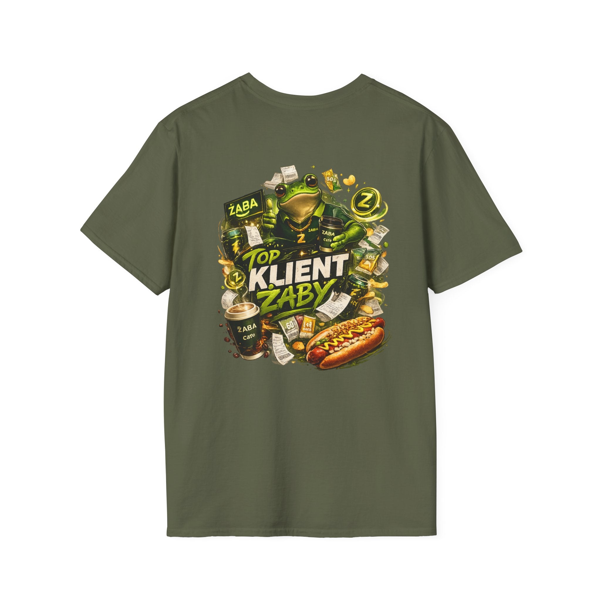T-Shirt — 'Top Klient Żaby' Graphic Frog Design (Polish Snack & Coffee Theme)