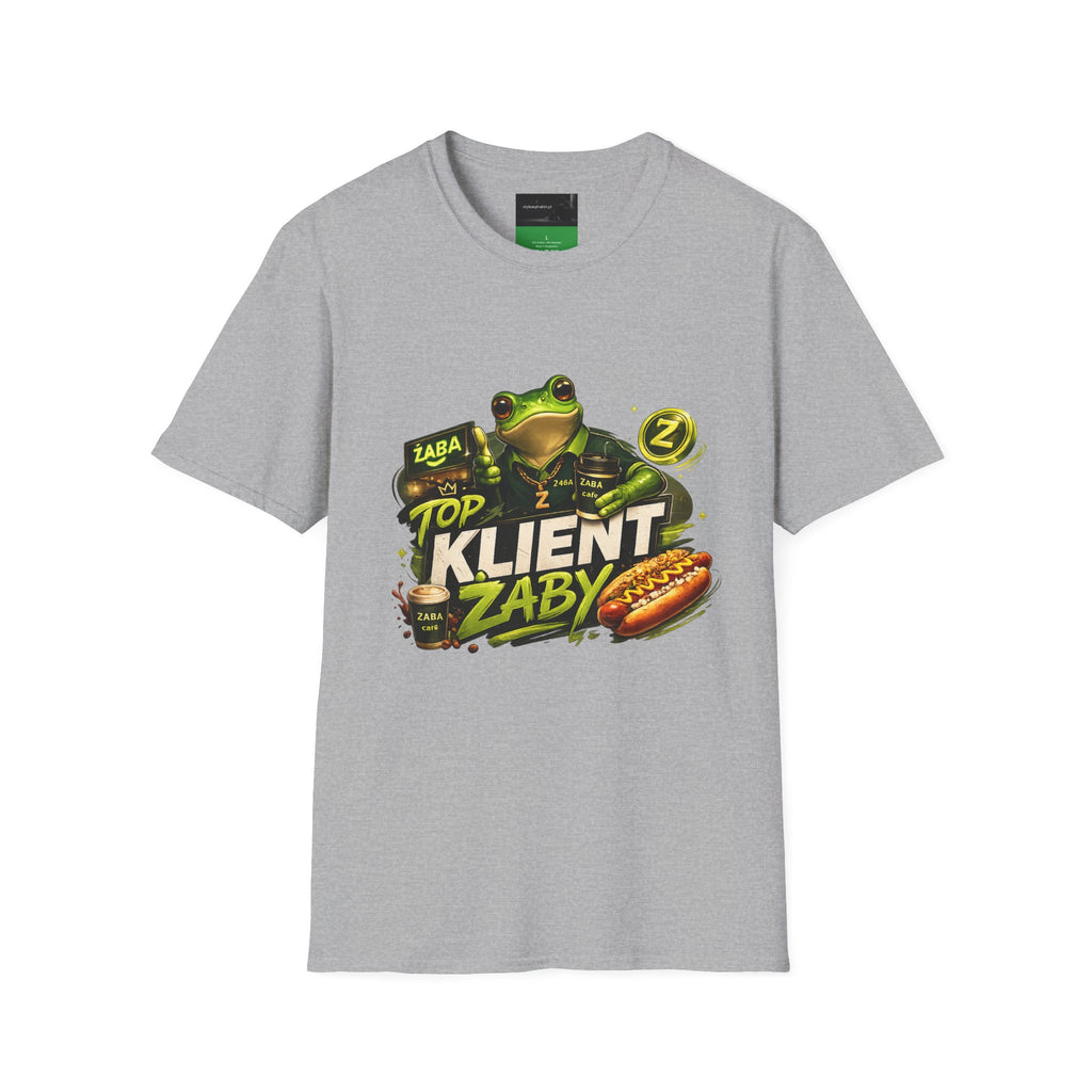 T-Shirt — 'Top Klient Żaby' Graphic Frog Design (Polish Snack & Coffee Theme)