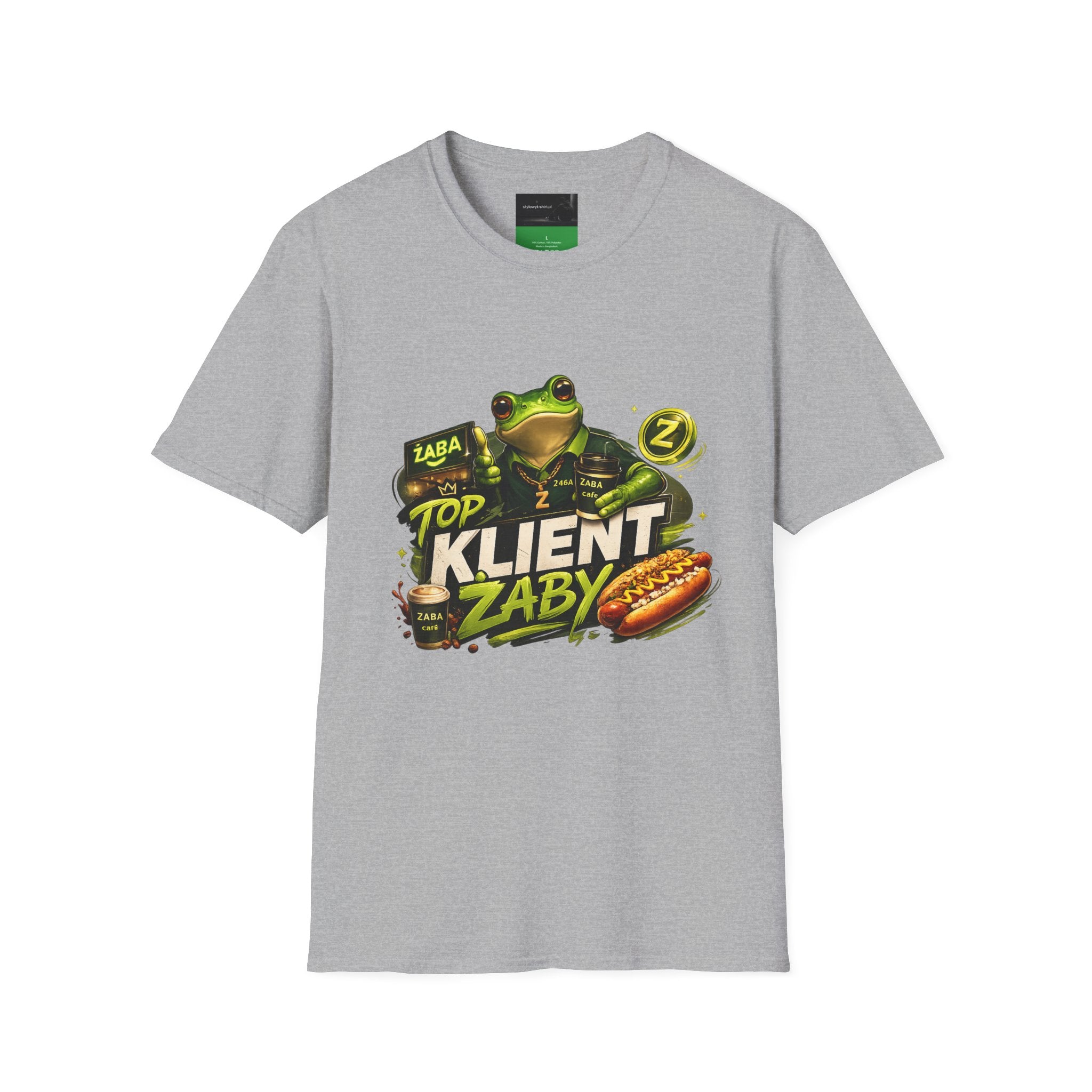T-Shirt — 'Top Klient Żaby' Graphic Frog Design (Polish Snack & Coffee Theme)