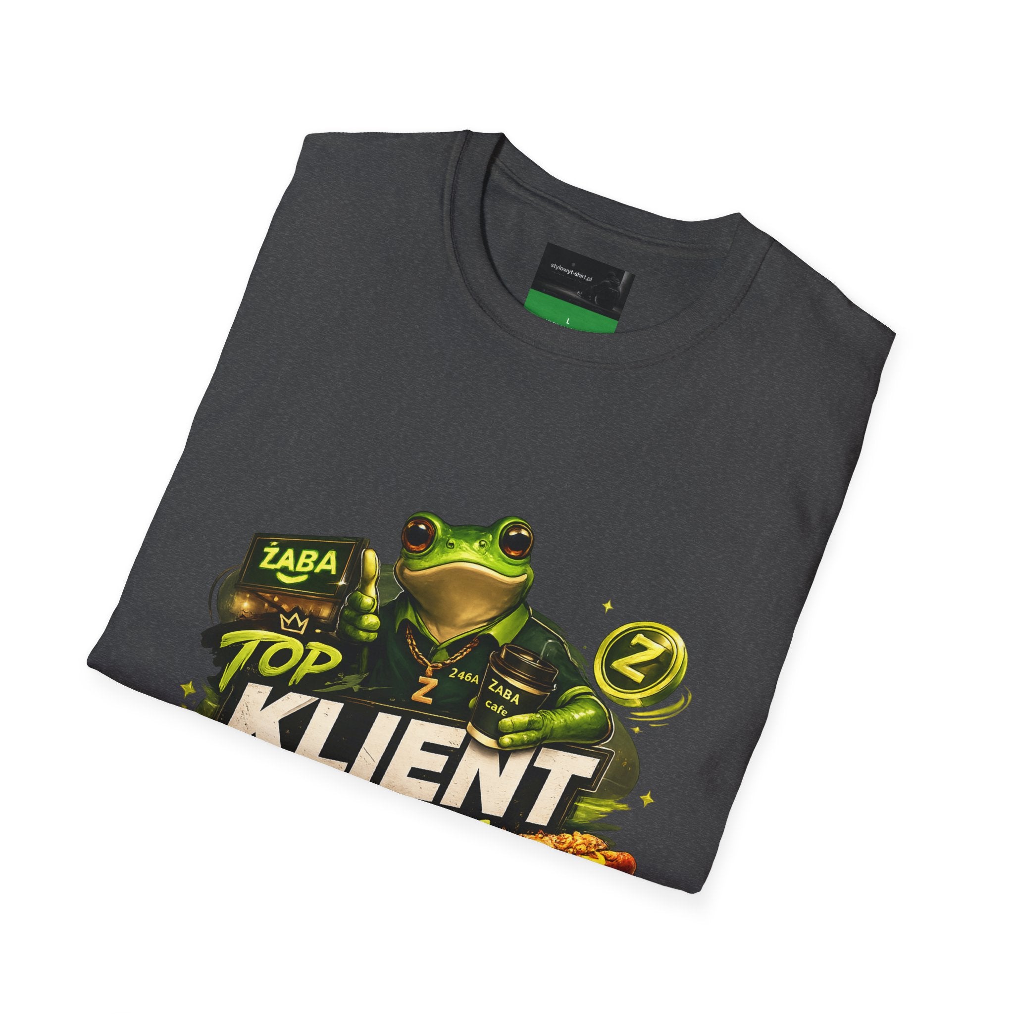 T-Shirt — 'Top Klient Żaby' Graphic Frog Design (Polish Snack & Coffee Theme)