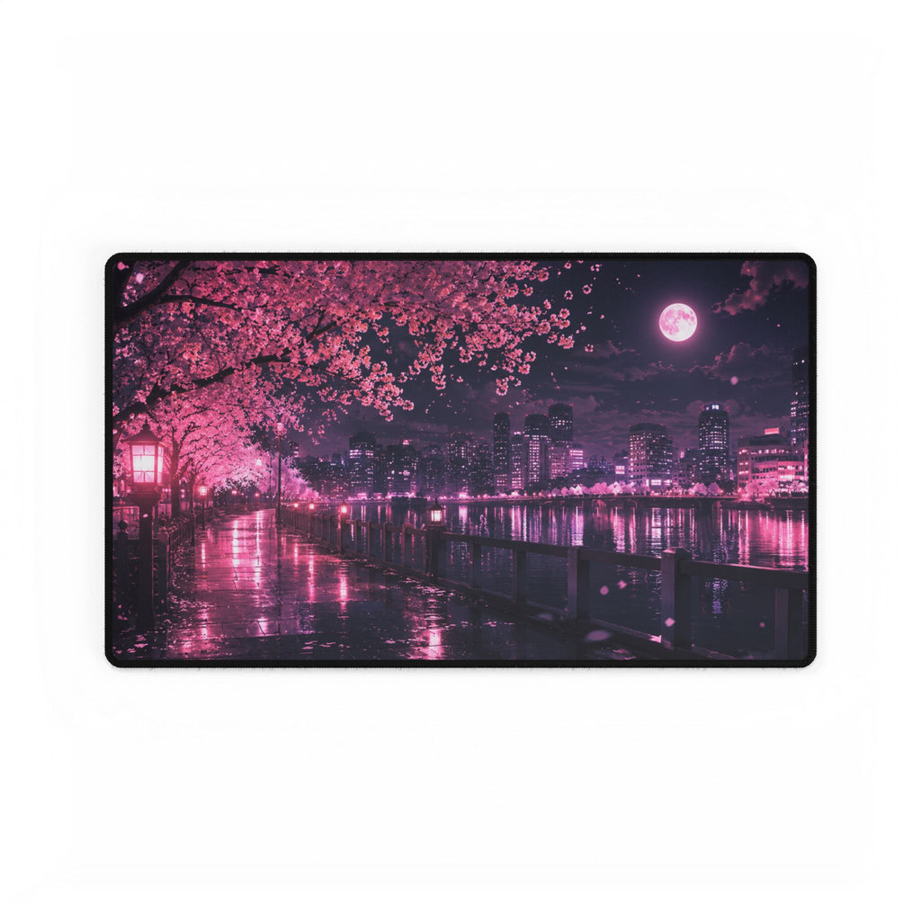 Cherry Blossom Night Desk Mat — Pink Sakura Cityscape Mouse Pad