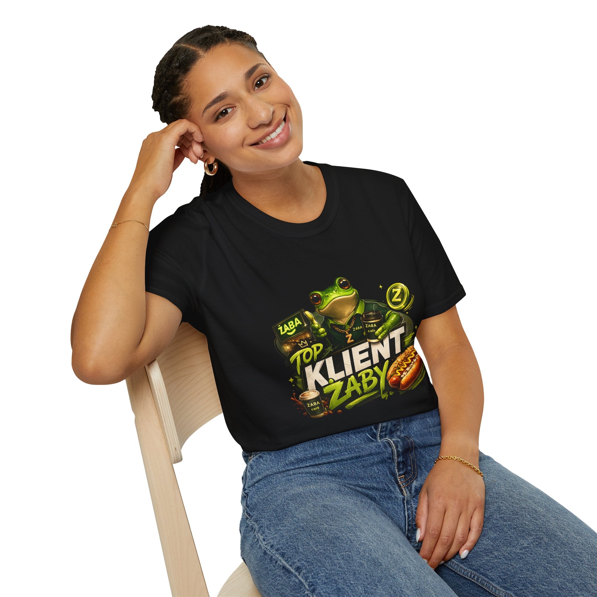 T-Shirt — 'Top Klient Żaby' Graphic Frog Design (Polish Snack & Coffee Theme)