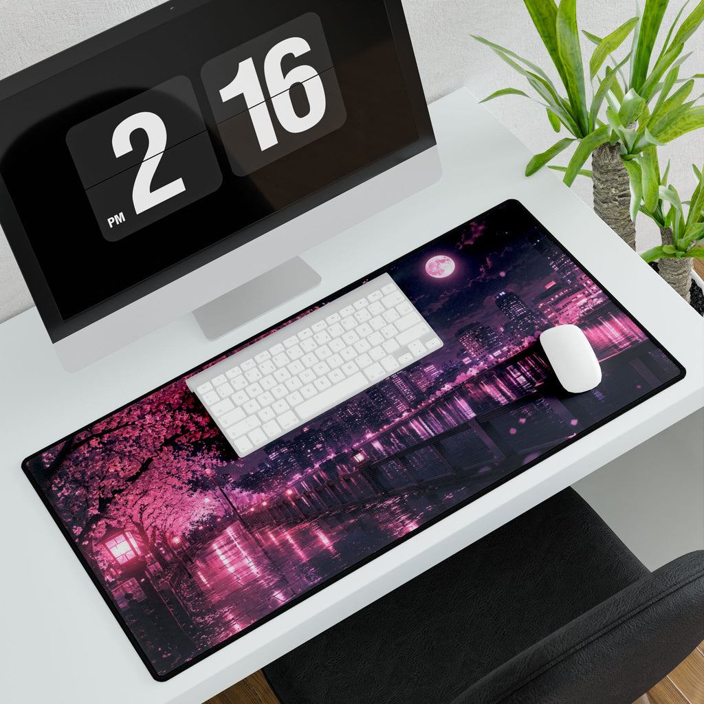 Cherry Blossom Night Desk Mat — Pink Sakura Cityscape Mouse Pad