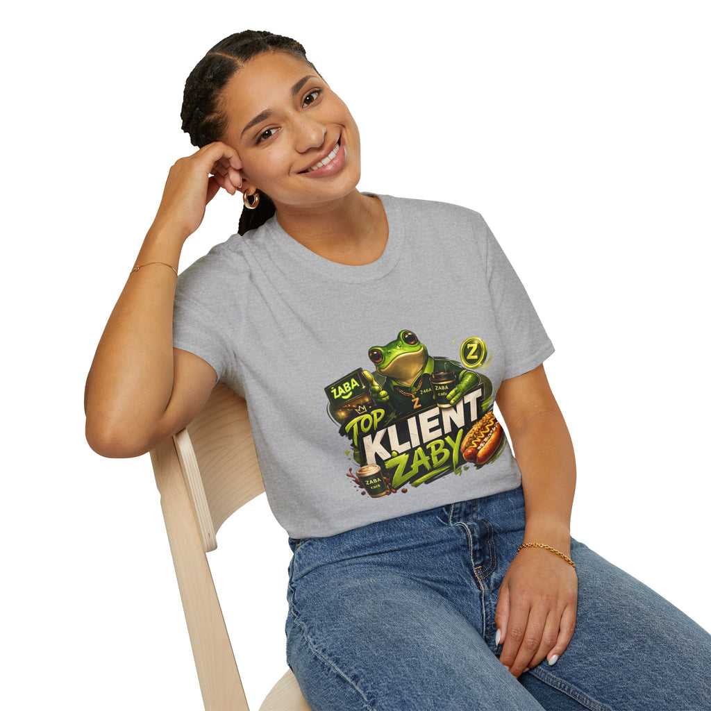T-Shirt — 'Top Klient Żaby' Graphic Frog Design (Polish Snack & Coffee Theme)