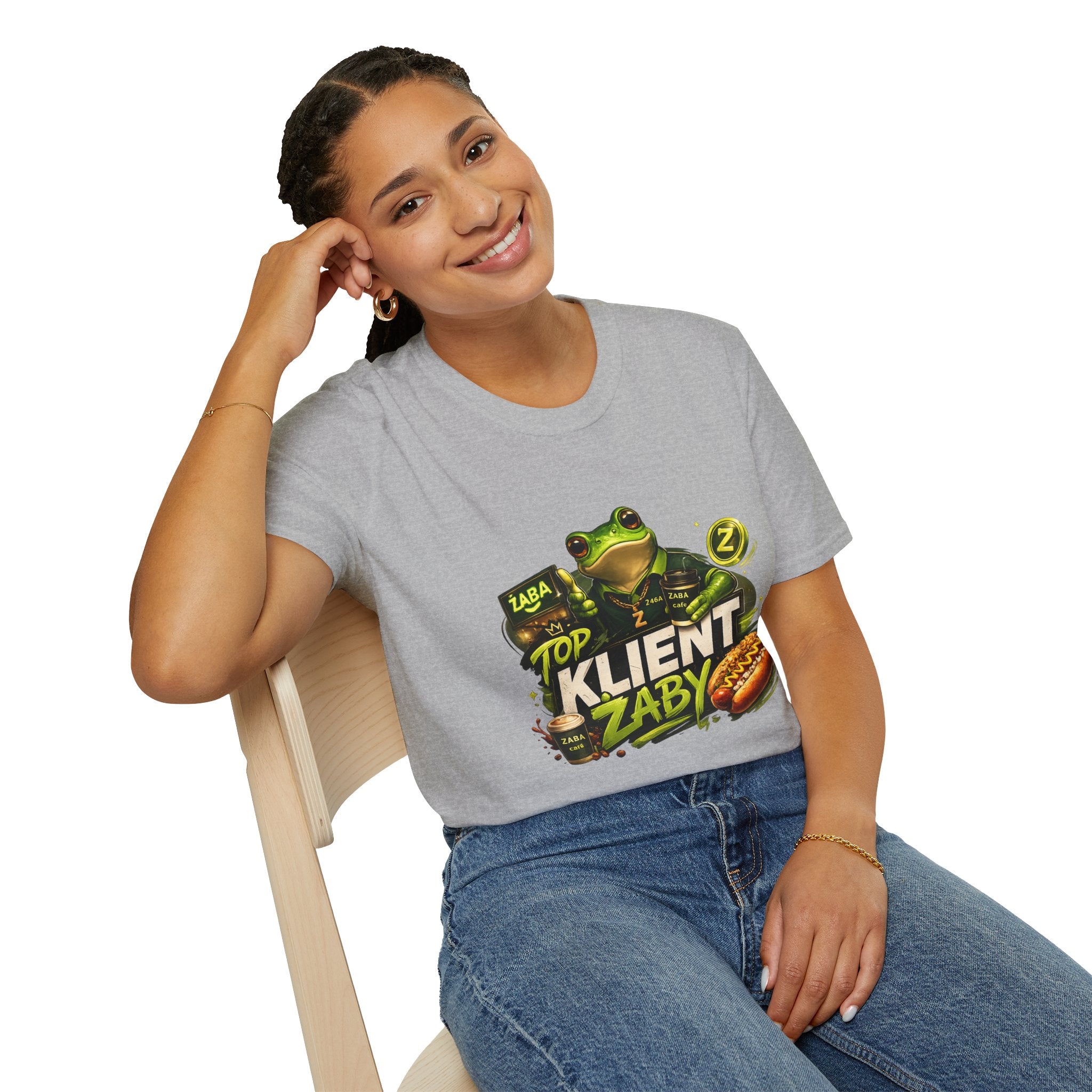 T-Shirt — 'Top Klient Żaby' Graphic Frog Design (Polish Snack & Coffee Theme)